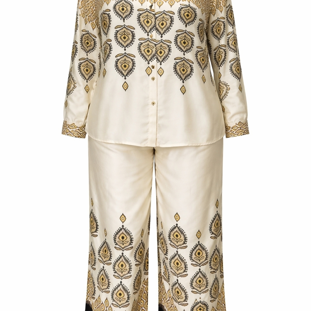 Boutique Abstract Print 2-Piece Set | Wide Leg Pants + Button Top